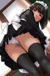 Rule 34 | 1girl, absurdres, apron, black hair, black socks, blush, bow, brown eyes, commentary request, crotch seam, dutch angle, from below, full-face blush, hand on table, highres, kneehighs, looking at viewer, looking back, maid, maid apron, maid headdress, matsunaga kouyou, original, panties, short hair, socks, solo, standing, thighs, underwear, upskirt, white bow, white panties