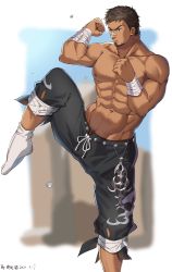 Rule 34 | 1boy, abs, absurdres, banaged arm, bandaid, bandaid on face, bandaid on nose, bandiad on nose, bara, brown hair, dark-skinned male, dark skin, facial hair, fighting stance, foot out of frame, goatee, highres, kicking, male focus, mature male, muscular, muscular male, navel, navel hair, nipples, original, pants, pants rolled up, pectorals, short hair, sideburns, solo, stomach, tekkowang, topless male
