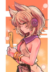Rule 34 | 1girl, blonde hair, closed mouth, earmuffs, from side, holding, pointy hair, profile, short hair, sleeveless, solo, tori (10ri), touhou, toyosatomimi no miko, upper body, yellow eyes