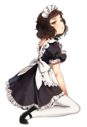 Rule 34 | 10s, 1girl, apron, between legs, black footwear, breasts, brown eyes, brown hair, frilled apron, frills, from side, full body, half-closed eyes, hand between legs, kawakami sadayo, looking at viewer, maid, maid headdress, mary janes, medium breasts, pantyhose, parted lips, persona, persona 5, seiru (prairie), shoes, short hair, simple background, sitting, solo, wariza, white background, white pantyhose
