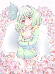 Rule 34 | 1girl, alternate costume, asuka asuka, blush, bra, breasts, cherry blossoms, cleavage, collarbone, contemporary, crossed arms, female focus, floral background, flower, ghost, green eyes, hairband, head tilt, hood, hoodie, konpaku youmu, konpaku youmu (ghost), lingerie, long sleeves, looking at viewer, no pants, panties, short hair, silver hair, smile, solo, standing, thigh gap, touhou, underwear