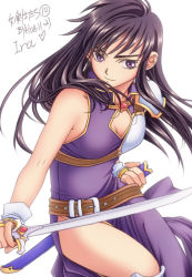 Rule 34 | 1girl, armor, ayra (fire emblem), belt, black hair, breasts, bridal gauntlets, cape, character name, cleavage, dress, earrings, elbow gloves, fire emblem, fire emblem: genealogy of the holy war, gloves, jewelry, kuroma (einin), long hair, medium breasts, nintendo, purple eyes, scabbard, sheath, short hair, shoulder pads, side ponytail, side slit, silver hair, solo, sword, weapon
