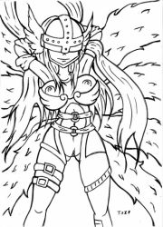 Rule 34 | 00s, 1girl, angewomon, armor, artist request, breasts, digimon, digimon frontier, long hair, monochrome, monster girl, pussy, solo, uncensored, wings