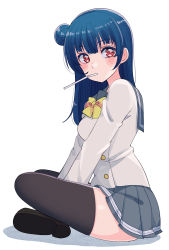 Rule 34 | 1girl, between legs, black thighhighs, blue hair, blush, bow, bowtie, cream (nipakupa), drinking straw, from side, full body, grey sailor collar, grey skirt, hair bun, hand between legs, indian style, long hair, looking at viewer, love live!, love live! sunshine!!, miniskirt, mouth hold, pleated skirt, red eyes, sailor collar, school uniform, simple background, sitting, skirt, solo, thighhighs, tsushima yoshiko, uranohoshi school uniform, white background, yellow bow, yellow bowtie, zettai ryouiki