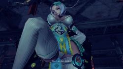 Rule 34 | 10s, 1girl, 3d, animated, animated gif, bare shoulders, blade &amp; soul, blinking, blue eyes, blue hair, bow, breasts, cleavage, detached sleeves, english text, female focus, from below, grey thighhighs, hair bow, hairband, hand fan, jin (blade &amp; soul), julia (blade &amp; soul), korean clothes, korean text, large breasts, looking at viewer, no bra, pov, revealing clothes, short hair, simple background, smile, solo, subtitled, talking, thighhighs, trample