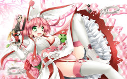 Rule 34 | 1girl, :d, blush, breasts, cleavage, cleavage cutout, clothing cutout, clover, dress, dual wielding, earrings, elphelt valentine, female focus, flower, four-leaf clover, gloves, green eyes, guilty gear, guilty gear xrd, gun, handgun, hat, highres, holding, jewelry, kamiya tomoe, large breasts, long sleeves, looking at viewer, open mouth, panties, pantyshot, pink hair, pink panties, pistol, rose, short hair, smile, solo, spikes, thighhighs, underwear, weapon, white thighhighs