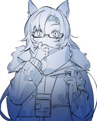 Rule 34 | 1girl, animal ears, arknights, blue theme, commentary request, fang (arknights), fang (cruciata) (arknights), fur-trimmed jacket, fur trim, highres, horse ears, id card, jacket, lanyard, long hair, looking at viewer, mirin chikuwa, monochrome, official alternate costume, scarf, semi-rimless eyewear, simple background, solo, straight-on, under-rim eyewear, upper body, white background