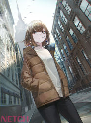 Rule 34 | 1girl, bird, bob cut, brown eyes, brown hair, building, character request, cigarette, city, commentary request, copyright request, cowboy shot, down jacket, dutch angle, earrings, hands in pockets, hashimoto kokai, highres, jacket, jewelry, outdoors, pants, road, short hair, skyscraper, smoke, smoking, solo, street