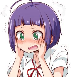Rule 34 | 1girl, @ @, ahoge, araki rena, blush, collared shirt, green eyes, guriin, hands on own face, hands up, highres, neck ribbon, nose blush, open mouth, purple hair, red ribbon, ribbon, shirt, short sleeves, simple background, solo, tears, tokyo 7th sisters, trembling, upper body, wavy mouth, white background, white shirt