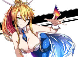 Rule 34 | akeyama kitsune, artoria pendragon (all), artoria pendragon (fate), artoria pendragon (swimsuit ruler) (fate), bare shoulders, blonde hair, breasts, cleavage, detached collar, fate/grand order, fate (series), fishnets, green eyes, leaning forward, leotard, looking at viewer, necktie, pantyhose, playboy bunny, ponytail, skindentation, solo, wrist cuffs