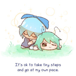 Rule 34 | 2girls, ;), antennae, blue bow, blue hair, bow, cirno, commentary, english commentary, english text, grass, green eyes, green hair, green tea reimu, hair bow, looking at another, multiple girls, one eye closed, short hair, short sleeves, smile, touhou, wriggle nightbug