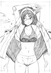 Rule 34 | &gt;:o, 1girl, absurdres, armpits, arms up, breasts, cowboy shot, glasses, gluteal fold, greyscale, headgear, highres, kantai collection, kirishima (kancolle), kojima takeshi, looking to the side, medium breasts, monochrome, navel, short hair, solo, traditional media, v-shaped eyebrows