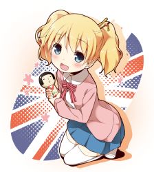Rule 34 | 10s, 1girl, :d, alice cartelet, blonde hair, blue eyes, blush, cardigan, doll, hair ornament, hair stick, kin-iro mosaic, kokeshi, no shoes, open cardigan, open clothes, open mouth, school uniform, short hair, skirt, smile, solo, thighhighs, twintails, union jack, white thighhighs, yume no owari