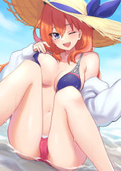 Rule 34 | 1girl, areola slip, bare legs, beach, bikini, bikini tug, blue bikini, blue eyes, blue ribbon, blue sky, blush, breasts, cleavage, cloud, cloudy sky, commentary, day, hair between eyes, hat, hat ribbon, highres, jacket, large breasts, lips, long hair, looking at viewer, m legs, marina (world flipper), navel, off shoulder, one eye closed, open clothes, open jacket, open mouth, orange hair, outdoors, partially submerged, pink bikini, ribbon, sitting, sky, smile, solo, spread legs, straw hat, swimsuit, taotao, thighs, two-tone bikini, water, wet, white jacket, world flipper