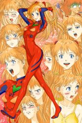 Rule 34 | 1girl, artist request, ass, blue eyes, blush, blush stickers, bodysuit, breasts, brown hair, cleavage, clenched teeth, curvy, disgust, dress, embarrassed, full body, hand in own hair, legs apart, long hair, looking to the side, multiple views, neon genesis evangelion, nude, plugsuit, red bodysuit, sexually suggestive, simple background, small breasts, smile, souryuu asuka langley, sundress, sweat, teardrop, tears, teeth, translation request, tsundere, twintails, upper body, very long hair, walking, wide hips, yellow dress