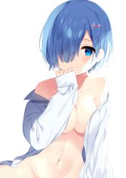 Rule 34 | 10s, 1girl, bad id, bad pixiv id, bare shoulders, blue eyes, blue hair, blush, closed mouth, collarbone, collared shirt, commentary request, first aid kit, hair over one eye, hand to own mouth, hand up, highres, long sleeves, looking at viewer, mafuyu (chibi21), naked shirt, navel, off shoulder, open clothes, open shirt, re:zero kara hajimeru isekai seikatsu, rem (re:zero), shirt, short hair, simple background, solo, tareme, white background, white shirt