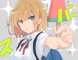 Rule 34 | + +, 1girl, armpit peek, backpack, bag, blonde hair, blue eyes, breasts, collared shirt, food, grey background, highres, holding, looking at viewer, musshu (omu001), neck ribbon, original, parted lips, popsicle, red ribbon, ribbon, school uniform, shirt, short hair, short sleeves, sidelocks, small breasts, solo, sparkle, sparkle background, upper body, watermelon bar, white shirt