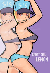 Rule 34 | 1girl, armpits, arms up, ass, bikini, blonde hair, breasts, covered erect nipples, from side, hat, lips, looking at viewer, medium breasts, nervous sweating, original, purple background, red eyes, saberrung, short shorts, shorts, sidelocks, smile, sport girl (saberrung), steam, steaming body, stomach, sweat, swimsuit, thighs, turning head, underboob, very sweaty, wet