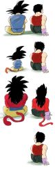 Rule 34 | 2boys, age difference, aged down, arm support, black hair, blue shirt, commentary request, dragon ball, dragon ball gt, facing away, fingerless gloves, fingernails, full body, gloves, height difference, highres, long hair, looking at another, looking away, male focus, mh 619223, monkey tail, multiple boys, muscular, pants, purple gloves, red shirt, shadow, shirt, simple background, sitting, sleeveless, sleeveless shirt, son goku, spiked hair, super saiyan, super saiyan 4, tail, track pants, vegeta, white background, yellow pants