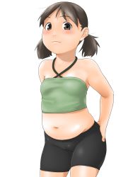 Rule 34 | 1girl, bad id, bad pixiv id, bike shorts, blush, breasts, brown eyes, brown hair, fang, hentai oyaji, highres, midriff, original, plump, small breasts, solo, twintails