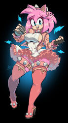 Rule 34 | 1girl, alternate breast size, amy rose, black background, blue eyes, boots, bracelet, breasts, buckle, cosplay, crossover, elphelt valentine, fingerless gloves, full body, gloves, guilty gear, guilty gear strive, heels, highres, jacket, jamoart, jewelry, large breasts, latex, microphone, pink hair, skirt, sonic (series), spiked bracelet, spikes, thighhighs