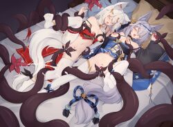 Rule 34 | 2girls, animal ear fluff, animal ears, bar censor, black sleeves, blue dress, breasts, censored, closed eyes, commentary, commission, cum, cum in pussy, cum overflow, detached sleeves, dress, english commentary, facial, fox ears, fox girl, grey hair, handjob, highres, large breasts, long hair, lying, multiple girls, nipples, no shoes, on back, on bed, open mouth, original, panties, pillow, pussy, red dress, sleep molestation, spread legs, tentacle sex, tentacles, thighhighs, trimbil, underwear, vaginal, variant set, white panties, white sleeves, white thighhighs