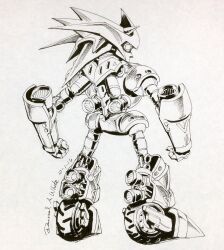 Rule 34 | artist name, clenched hands, dated, david a white, from behind, greyscale, highres, humanoid robot, ink (medium), looking at viewer, looking back, mecha sonic, monochrome, no humans, robot, science fiction, sonic &amp; knuckles, sonic (series), sonic the hedgehog (classic), thrusters, traditional media, wheel