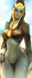 Rule 34 | 1girl, absurdres, adapted costume, bikini, bikini bottom only, blue skin, breasts, colored skin, eyelashes, forehead jewel, front ponytail, hair ornament, hand on own hip, highres, hood, large breasts, lips, long hair, looking at viewer, midna, midna (true), nintendo, nose, orange hair, parted bangs, pointy ears, seuyan, solo, spoilers, sweat, swimsuit, the legend of zelda, the legend of zelda: twilight princess