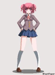 Rule 34 | 1girl, angry, artist name, blazer, blue skirt, bob cut, bow, bowtie, brown footwear, brown jacket, closed mouth, collared shirt, commentary, doki doki literature club, dress shirt, english commentary, frown, full body, grey background, hair ornament, hair ribbon, hands on own hips, jacket, kneehighs, loafers, long sleeves, looking at viewer, miniskirt, nastpaper, natsuki (doki doki literature club), neck ribbon, pigeon-toed, pink eyes, pink hair, pixel art, pleated skirt, red bow, red bowtie, red ribbon, ribbon, school uniform, shaded face, shadow, shirt, shoes, short hair, signature, simple background, skirt, socks, solo, spread legs, standing, straight-on, swept bangs, twitter username, two side up, v-shaped eyebrows, white shirt, white socks, x hair ornament