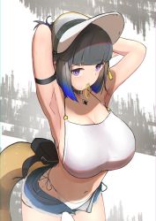 Rule 34 | 1girl, alternate costume, aoi mochio, arknights, arm strap, arm up, armpits, arms behind back, bikini, black hair, blue eyes, blue hair, blue shorts, blunt bangs, breasts, bright pupils, cleavage, collarbone, cowboy shot, eunectes (arknights), gradient hair, hair tie, hat, highres, jewelry, large breasts, leaning forward, looking at viewer, mouth hold, multicolored hair, navel, necklace, open clothes, open fly, open shorts, pointy ears, pouch, short hair, shorts, snake tail, solo, swimsuit, tail, two-tone background, white bikini, white hat