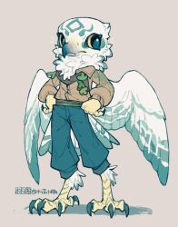Rule 34 | 1boy, artist name, barefoot, beak, bird boy, bird tail, bird wings, black eyes, blue pants, brown background, brown jacket, brown scarf, chibi, claws, colored sclera, feathered wings, full body, furry, furry male, hands on own hips, jacket, long sleeves, looking to the side, male focus, original, pants, scarf, shuini xiaomao, signature, simple background, solo, standing, tail, talons, wings, yellow sclera