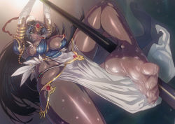 Rule 34 | 1girl, areola slip, aya shobon, barefoot, black hair, breasts, caster of the nocturnal castle, dark-skinned female, dark skin, fate/grand order, fate (series), feet, female focus, foot focus, forehead jewel, from below, green eyes, jewelry, large breasts, long hair, looking at viewer, pantyhose, pelvic curtain, pole, pole dancing, ring, scheherazade (fate), see-through, see-through legwear, soles, solo, thick thighs, thighs, toes, veil
