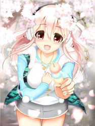 Rule 34 | 1girl, :3, :d, bad id, bad pixiv id, blush, breasts, cherry blossoms, dango, food, giving, hand on own chest, headphones, highres, large breasts, long hair, looking at viewer, nitroplus, open mouth, pink hair, razuchi, red eyes, religious offering, smile, solo, super sonico, wagashi