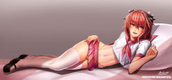 Rule 34 | 1boy, artist name, astolfo (fate), astolfo (sailor paladin) (fate), badcompzero, blush, breasts, bulge, commentary, crop top, english commentary, fate/apocrypha, fate (series), hair between eyes, highres, long hair, looking at viewer, lying, male focus, midriff, multicolored hair, navel, official alternate costume, on side, panties, patreon username, pillow, pink eyes, pink hair, shoes, short sleeves, skirt, solo, streaked hair, teeth, thighhighs, tongue, trap, two-tone hair, underwear, watermark, white hair