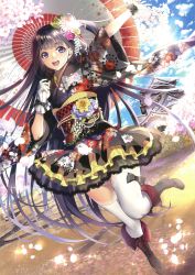 Rule 34 | 1girl, absurdres, black hair, blue eyes, boots, branch, cherry blossoms, cloud, cloudy sky, day, flower, full body, gloves, highres, holding, japanese clothes, knee boots, layered skirt, leg up, long hair, obi, oda suzuka, open mouth, original, outdoors, petals, ribbon, sash, scan, skirt, sky, solo, sparkle, sunlight, thighhighs, very long hair, white thighhighs, wide sleeves, zettai ryouiki