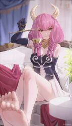 Rule 34 | 1girl, aura (sousou no frieren), balance scale, bare shoulders, barefoot, black eyes, black gloves, breasts, chilakkk, cleavage, dress, elbow gloves, gloves, highres, horns, long hair, looking at viewer, medium breasts, navel, pink hair, plant, potted plant, sitting, smile, solo, sousou no frieren, weighing scale