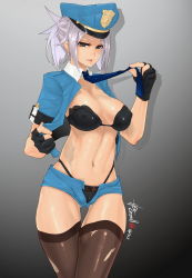 Rule 34 | 1girl, abs, absurdres, alternate costume, bad id, bad pixiv id, bandeau, black bra, black eyes, black panties, black thighhighs, blue eyes, blue necktie, bra, breasts, cameltoe, caooll, cleavage, covered erect nipples, dated, fingerless gloves, gloves, gradient background, grey background, highleg, highleg panties, highres, lace, large breasts, league of legends, looking at viewer, midriff, navel, necktie, open clothes, open fly, panties, parted lips, police, police uniform, policewoman, ponytail, riven (league of legends), shiny skin, short hair, short shorts, shorts, silver hair, simple background, sleeves rolled up, smile, solo, thighhighs, thong, toned, torn clothes, torn thighhighs, underwear, uniform, unzipped