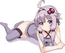 Rule 34 | ahoge, bare arms, blush, closed mouth, dot mouth, frills, full body, hair intakes, hair ornament, head rest, homura shinji, looking at viewer, lying, no pants, no shoes, on side, purple eyes, purple hair, purple legwear, shiny skin, short hair with long locks, sidelocks, simple background, sleeveless, striped legwear, thighhighs, thighs, twintails, vertical-striped legwear, white background, yuzuki yukari