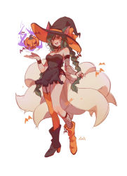 Rule 34 | 1girl, :d, ahri (league of legends), alternate costume, animal ears, asymmetrical footwear, bat (animal), black dress, black footwear, black hat, blush, bow, braid, breasts, cleavage, dress, floating, fox ears, fox tail, full body, halloween, hand up, hat, highres, large breasts, league of legends, mismatched footwear, multiple tails, open mouth, orange bow, orange footwear, orange hat, orange thighhighs, pumpkin, ruan chen yue, shiny skin, single thighhigh, smile, solo, tail, teeth, thighhighs, twin braids, upper teeth only, witch hat