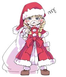 Rule 34 | 1girl, angry, bag, blonde hair, blue eyes, bow, bracelet, braid, bright pupils, christmas, commentary request, dragon quest, dragon quest xi, earrings, fake facial hair, fake mustache, full body, gloves, hair over shoulder, hat, ixy, jewelry, long hair, looking at viewer, santa costume, santa hat, simple background, solo, twin braids, veronica (dq11), waist bow, white background, white pupils