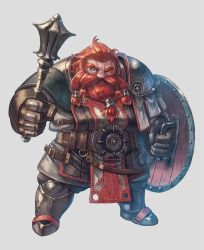 Rule 34 | 1boy, armor, beard, belt, brown eyes, cocked eyebrow, dwarf, facial hair, fighting stance, full body, gauntlets, grey background, holding, holding shield, holding weapon, kuroi susumu, looking at viewer, mace, male focus, mustache, official art, orange hair, red hair, shield, simple background, solo, standing, sword world, sword world 2.5, tabard, thick eyebrows, weapon