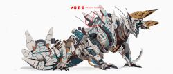 Rule 34 | !, animal focus, artist name, black sclera, colored sclera, commentary, english commentary, facebook logo, facebook username, from side, full body, highres, instagram logo, instagram username, making-of available, mecha, mechanization, monster hunter (series), no humans, pixiv logo, pixiv username, robot, simple background, solo, speedpaint, twitter logo, twitter username, white background, xezeno, zinogre
