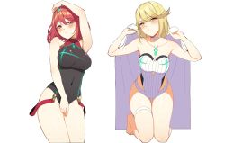 Rule 34 | 2girls, absurdres, bare shoulders, black one-piece swimsuit, blonde hair, blush, breasts, competition swimsuit, covered navel, earrings, goumudan, highres, jewelry, large breasts, long hair, looking at viewer, multiple girls, mythra (radiant beach) (xenoblade), mythra (xenoblade), nintendo, one-piece swimsuit, pyra (pro swimmer) (xenoblade), pyra (xenoblade), red eyes, red hair, short hair, sidelocks, simple background, swept bangs, swimsuit, tiara, white background, xenoblade chronicles (series), xenoblade chronicles 2, yellow eyes