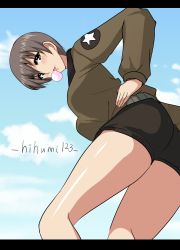 Rule 34 | 1girl, artist name, ass, breasts, brown eyes, brown hair, blowing bubbles, chewing gum, freckles, from below, girls und panzer, hand on own hip, hifumi hajime, highres, jacket, looking at viewer, naomi (girls und panzer), saunders military uniform, short hair, shorts, sky, solo, star (symbol), thighs, very short hair