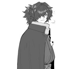 Rule 34 | 1boy, closed mouth, dog, fate/grand order, fate (series), greyscale, hair over one eye, haori, japanese clothes, kimono, looking at viewer, male focus, medium hair, monochrome, okada izou (fate), one eye covered, ponytail, scarf, simple background, solo, upper body, white background, yuta arata