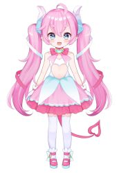 Rule 34 | 1girl, blue eyes, blush, chibidoki (vtuber), clothing cutout, demon tail, full body, highres, looking at viewer, navel cutout, sasairebun, short eyebrows, simple background, smile, solo, symbol in eye, tail, thighhighs, twintails, virtual youtuber, white background