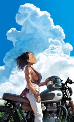Rule 34 | 1girl, absurdres, arung samudra (cessa), black hair, black tank top, blue sky, bracelet, breasts, cessa, closed eyes, clothes around waist, cloud, cloudy sky, commentary, dark-skinned female, dark skin, day, earrings, english commentary, helmet, highres, jewelry, large breasts, motor vehicle, motorcycle, muscular, muscular female, no bra, ombok diving and delivery services, original, pants, shiny skin, short hair, sideboob, sky, solo, straddling, tank top, unworn headwear, unworn helmet, very dark skin, white pants, wind
