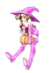 Rule 34 | 1girl, blonde hair, blue eyes, boots, deneb rove, elbow gloves, fuyube rion, gloves, hat, long hair, ogre battle, pink footwear, pink gloves, pink skirt, pumpkin, simple background, skirt, solo, thigh boots, thighhighs, white background, witch hat