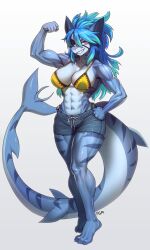 Rule 34 | 1girl, abs, absurdres, blue hair, bra, breasts, cleavage, clenched hands, eyepatch, fins, fish tail, flexing, full body, furry, furry female, grin, hand on own hip, highres, large breasts, long hair, looking at viewer, muscular, muscular female, original, panty straps, pgm300, shark, shark girl, shark tail, sharp teeth, shorts, smile, solo, tail, teeth, underwear, yellow bra