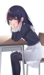Rule 34 | 1girl, black hair, blush, highres, holding face, leggings, looking at viewer, na-ga, open mouth, purple eyes, school uniform, skirt, solo